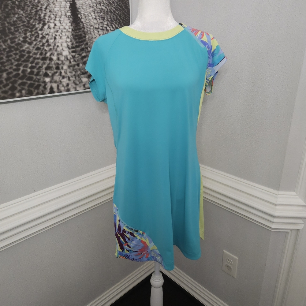 Title Nine Blue Green Colorblock Tropical Print Athletic Mini Dress Womens sz L - Picture 2 of 10